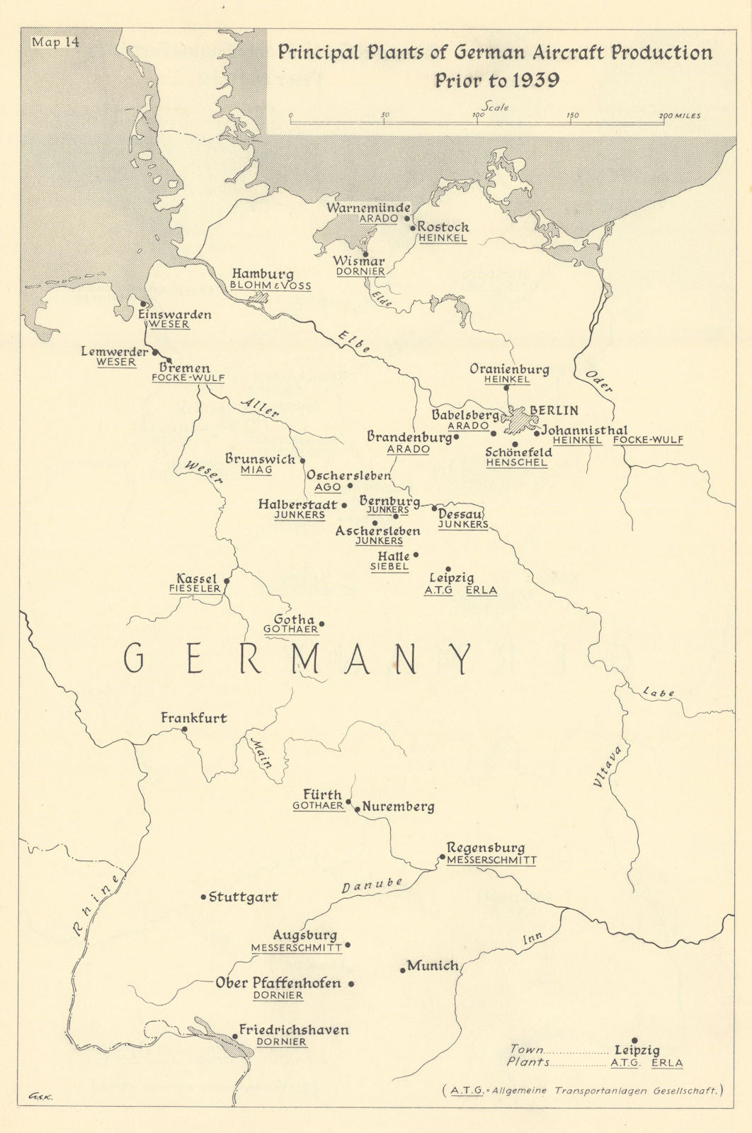 Main German aircraft factories prior to 1939. World War Two 1961 old map